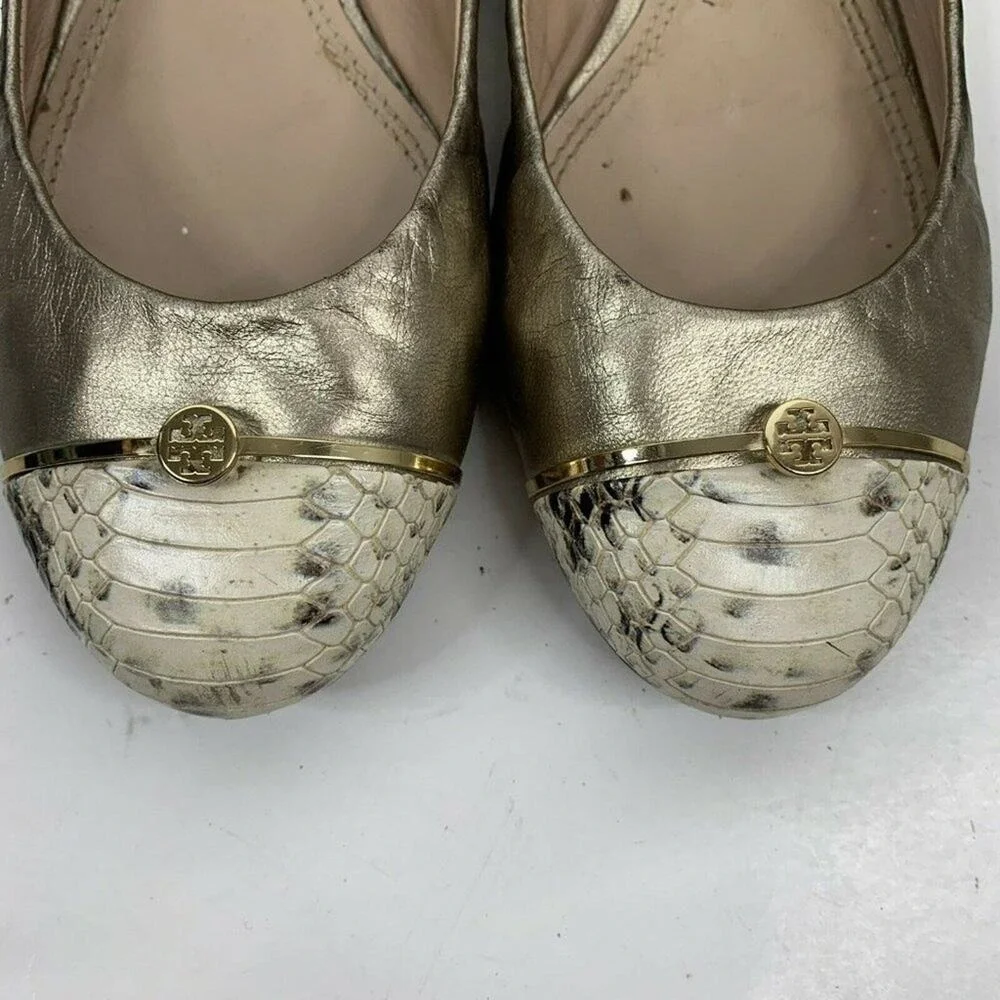 Tory Burch Size 9 Bar Logo Ballet Flat Champagne Natural Odyssey Karajah‎ Print